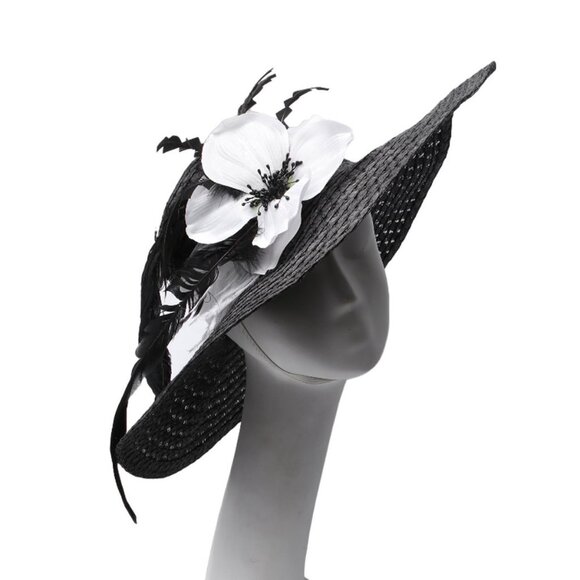 Woven Faux Straw Large Brim Hat Feathers Flowers Queens Plate Summer Black White - Picture 10 of 12